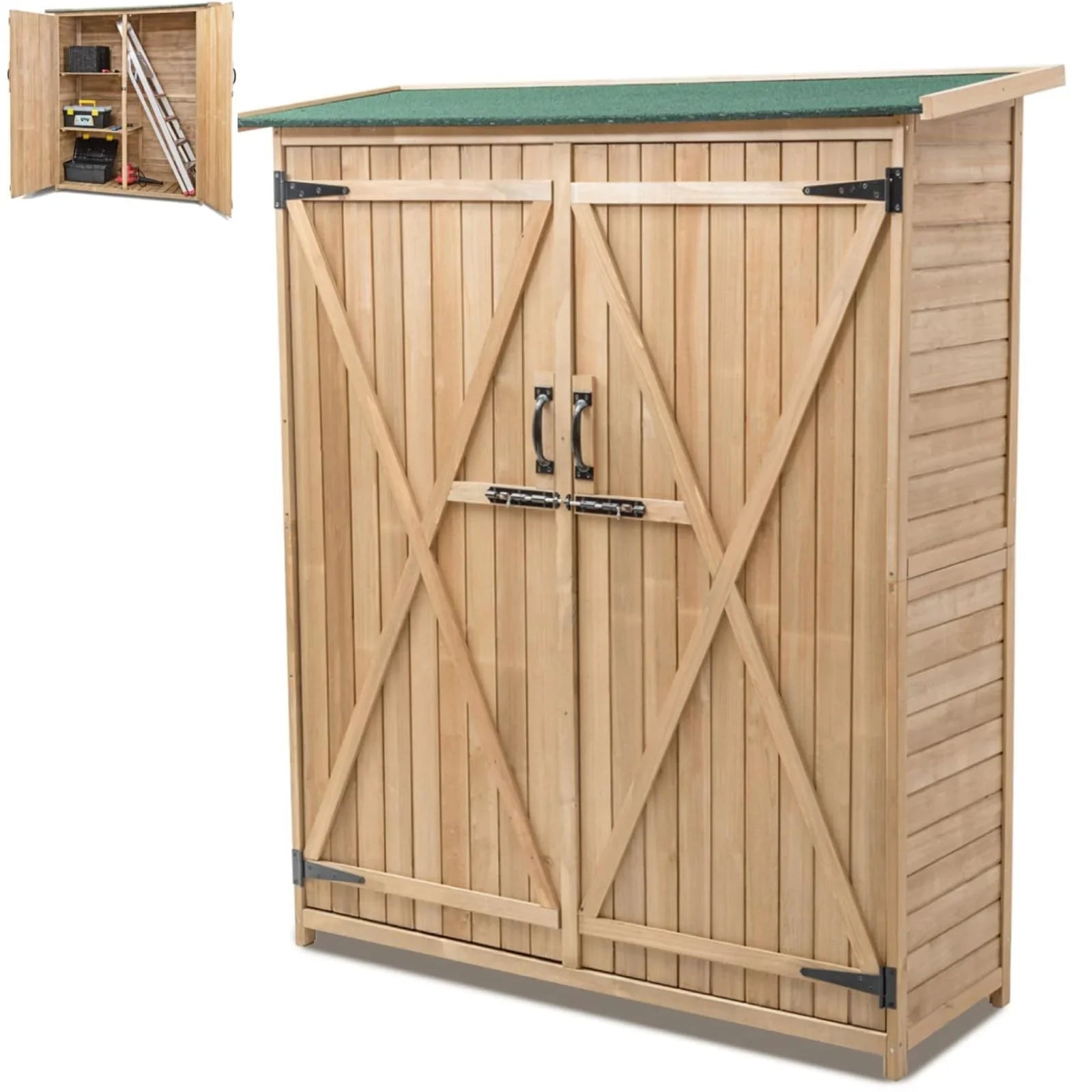 elvgrenpinup Wooden Garden Shed, Tool Storage Cabinet with 3 Shelves, Asphalt Sloped Roof 1 elvgrenpinup Wooden Garden Shed, Tool Storage Cabinet with 3 Shelves, Asphalt Sloped Roof